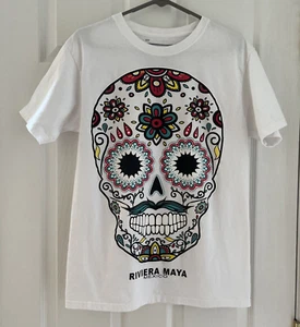 Sugar Skull Mustache White Tee shirt Medium Tan Tan Riviera Maya Mexico Hipster - Picture 1 of 4