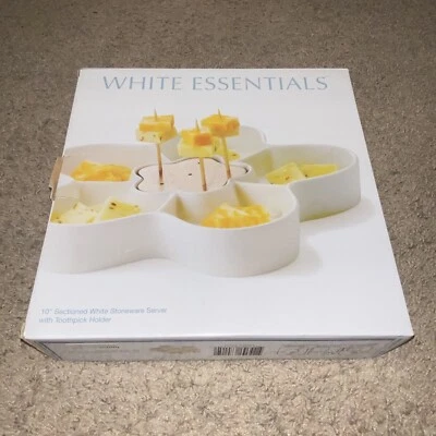 White Essentials Bamboo Collection 10" Sectioned Server With Toothpick Holder! - Image 1 of 4