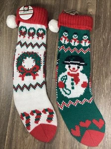 Vintage Kurt Adler Knit Christmas Stockings Taiwan 1989 Set of 2 - Picture 1 of 10
