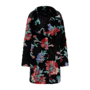 $298 NWT Guess Women's Magda Faux Fur Coat Blossom Flower Black Size Small - Picture 1 of 4