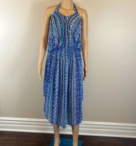 Abito Ramy Brook Lisanne blu stampato boho western Halter taglia M nuovo senza etichette - Foto 1 di 5