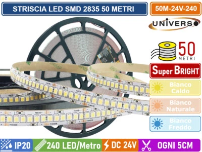 STRISCIA LED SMD 2835 BOBINA DA 50 METRI 20W/M 24V MONOCOLORE 238 LED/M IP20 - Immagine 1 di 3
