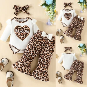Newborn Baby Girls Leopard Clothes Set Romper Tops Flared Pants Headband Outfit - Picture 1 of 11