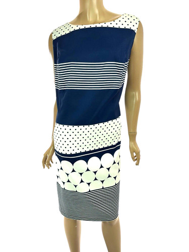 Abito smanicato ALYX taglia 14W blu navy e bianco righe punti poliestere spandex