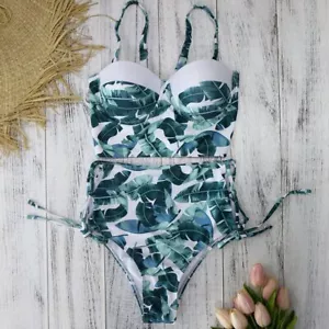 Women High Waist Vintage Swimwear Leaf Print Bathing Bikini Two Pieces Swimsuit - Picture 1 of 5