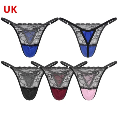 UK Sexys Mens Sissy Satin Underwear Thong Lace Patchwork Panties G-string Briefs - Image 1 of 4