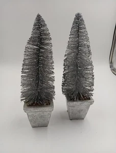 Set of 2 Sparkling Silver Glittered Bottle Brush Holiday Miniature 12" Trees - Picture 1 of 8