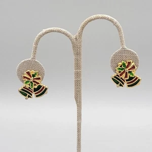 Vintage AIM Weihnachten Glockenkranz Pfosten Ohrringe rot grün Emaille goldfarben - Bild 1 von 7