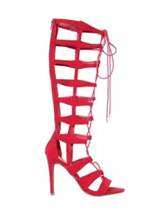 Anne Michelle Red Suede Strappy Lace-Up Stiletto Gladiator Sandals Heel Size 7.5 - Picture 1 of 13