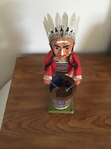 Vintage Battery Operated Brave Eagle Indian Chief Beating Drum Toy 