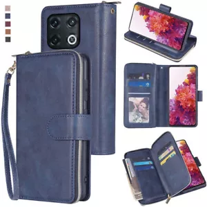 OnePlus 10 Pro Wallet Case 9 Card Zipper Slots Kickstand Flip Leather Phone Case - Picture 1 of 38