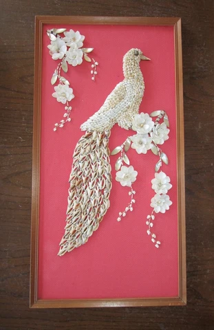 Sea Shell Mosaic Picture 25" Boho Beach Bird on Red Fabric VTG Cover