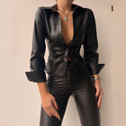Women's Lapel Pu Faux Leather Button Down Shirt Long Sleeve Slim Fit Blouse Top
