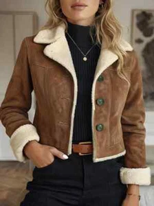 Women's Brown Suede Leather Cropped Bomber Fur Shearling Jacket Coat Outwear - Picture 1 of 2