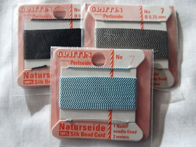 TRES Cordones Griffin 100% Hilo de Seda con Aguja Talla 7 Gris Negro Turq G34 DNG Foto 1 de 2