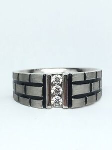 Men's Sterling Silver Cubic Zirconia Black Enamel Stripe Brick Band Ring 10.75