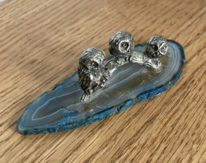 Meyer Miniature Pewter Owls Perched on Branch on an Agate Stone Slice 1.25" Tall - Picture 1 of 17