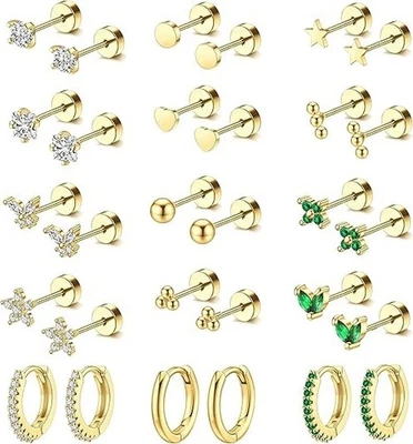 Pendientes hipoalergénicos de acero quirúrgico para orejas sensibles oreja trasera plana de oro de 14K Foto 1 de 4