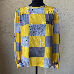 Nicola gelb karierte Bluse Gr. 8 abstraktes künstlerisches Print Bluse seidig Vintage 80’er - Bild 1 von 12