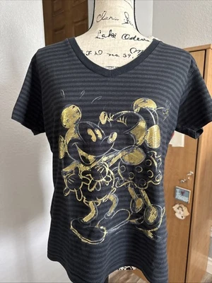迪士尼商店米老鼠和米妮条纹金色金属色 T 恤女式 XL 码 — 第 1/4 张图片