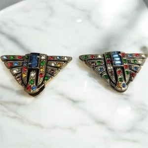 Antique 1920s Art Deco Dress Clips Triangle Multi Color Rhinestones Baggett Set - Picture 1 of 11