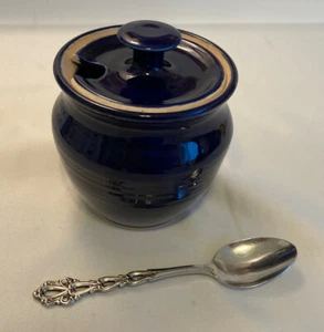 Handmade Cobalt Blue Glazed Pottery Honey Pot & Lid Signed, 4"T - Picture 1 of 12