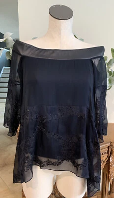 Bailey 44 Mujer XS Negro Seda Cuero Ribete Hombro Bordado Top Foto 1 de 4