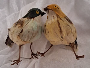 5.5" Vintage Lot of 2 Blue/Yellow Spotted Feathered Artificial Birds w/ Wires - Picture 1 of 7