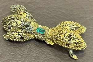 Vintage 14k Gold Victorian Green Emerald Bow Filigree Brooch Pin 5.07g READ - Picture 1 of 14