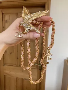 Chanel Rhinestone Eagle CC Logo Leather and Chain Belt or Necklace Pink & Gold - Picture 1 of 14