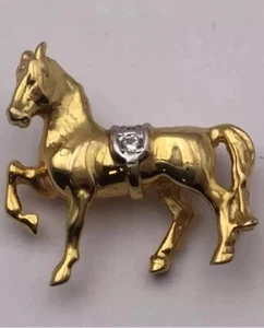 Feine tänzelnde Pferd Anstecknadel Gelb Weiß Gold 10k Diamant Anstecknadel 3,3g Reiter Brosche - Bild 1 von 12