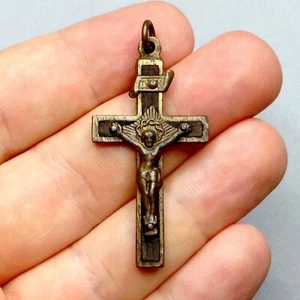 Crucifix. Wood and Brass Cross. Antique Religious Pectoral Pendant. Medal. - Picture 1 of 7