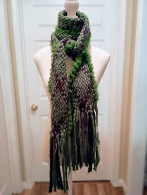 复古 Kenneth Cole 绿色和蓝色兔子毛皮衬里围巾 — 第 1/4 张图片