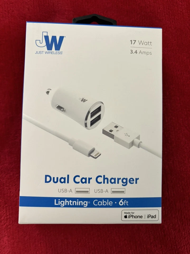 NUEVO EN CAJA Cargador de Coche Doble Inalámbrico Puertos USB-A con Cable Rápido de 6 pies Blanco Foto 1 de 3