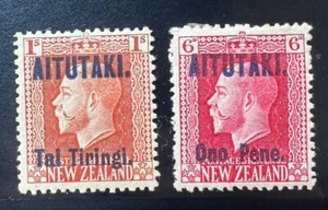 COOK ISLANDS AITUTAKI 1917 KGV 1 OVPTD. TAI TIRINGI & ONE PENE (2V) MINT STAMPS. - Picture 1 of 2