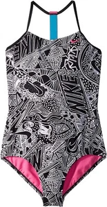 Nike Kids Girl's 238913 Black Doodle T-Back One-Piece Swimsuit Size S - Picture 1 of 2