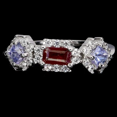 Black Friday Sterling Silver Ring Octagon Ruby 5x3mm Tanzanite Gem Jewelry Size  - Image 1 of 4