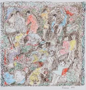 Desconocido firmado "Elewa" / dibujo lápiz de colores 1989 denso grupo humano - Imagen 1 de 21