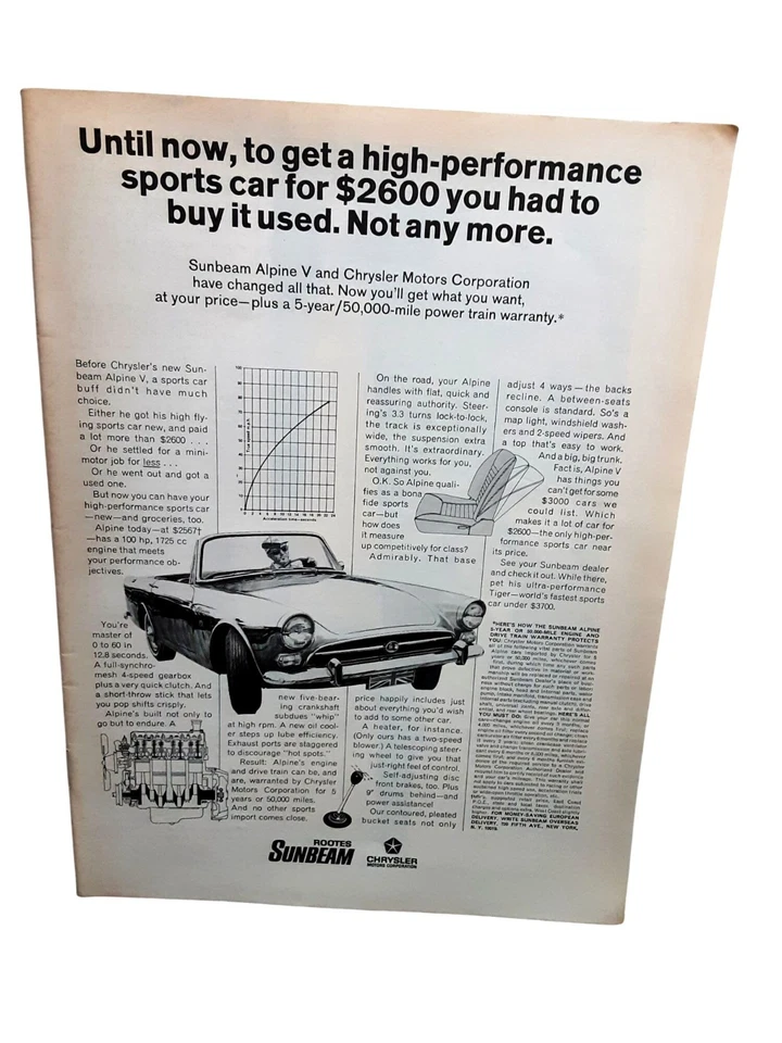 Sunbeam Alpine 1967 V Ad coche deportivo vintage Chrysler Motors impresión Foto 1 de 1