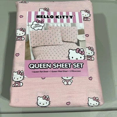 Новый Sanrio's Hello Kitty 4 ПК королева простыни комплект розовый 100% хлопок сидящий котенок - Изображение 1 из 4