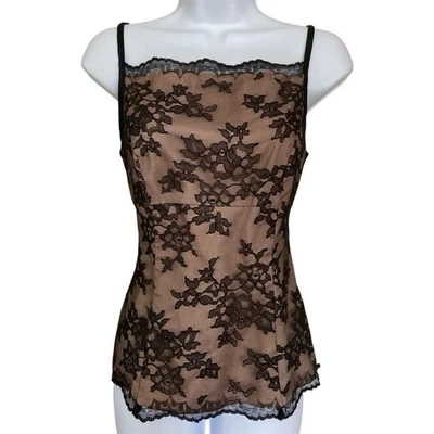 Vintage 90s Y2k Goth Boho BCBG Black Tan Mesh Lace Square Neck Tank Cami Size 4 - Image 1 of 4