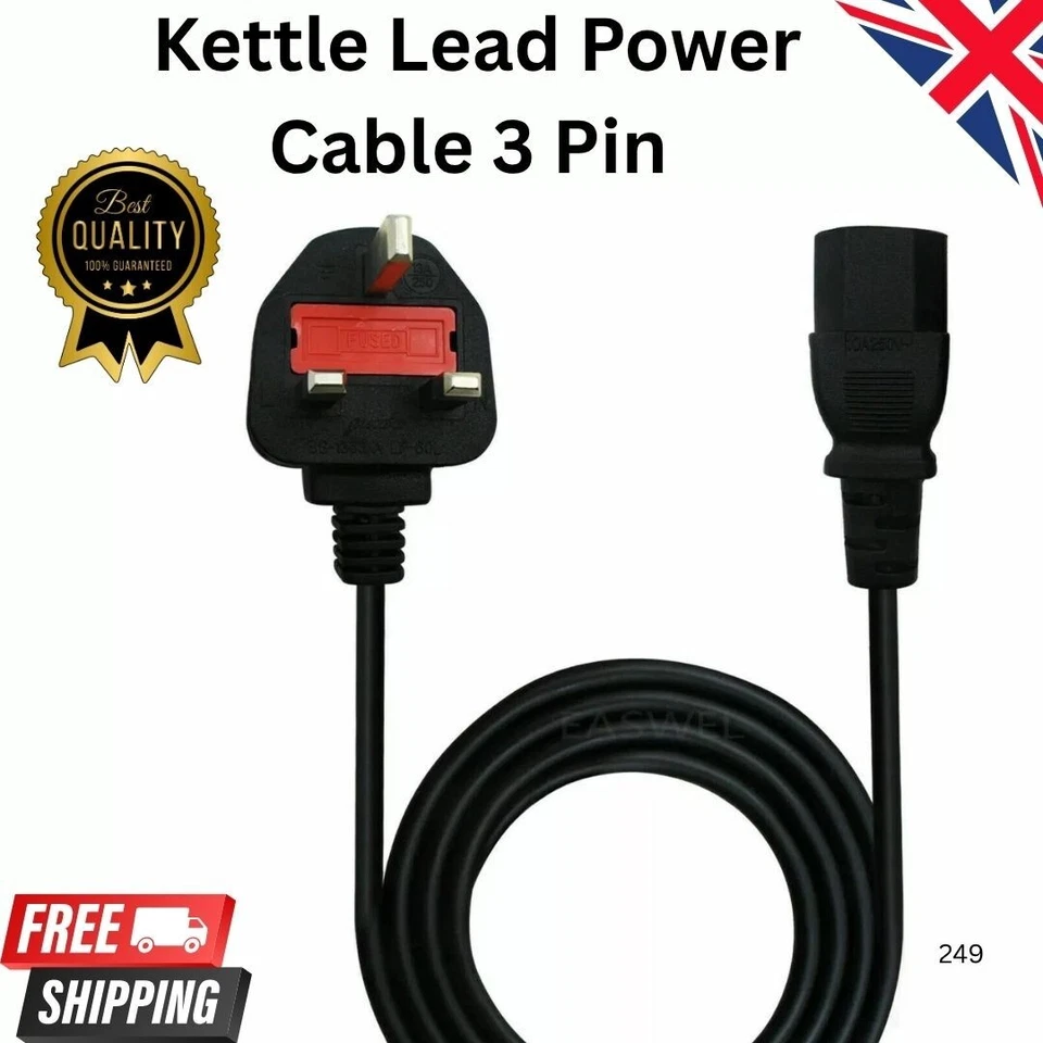 POWER LEAD 3 PIN Desktop, PC, MONITOR, Projector, Workstation AC KETTLE UK PLUG - Image 1 of 4
