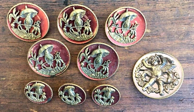 8 Victorian Era German Eingetr Muster Red Bird Umbrella Buttons Enamel & metal - Image 1 of 4