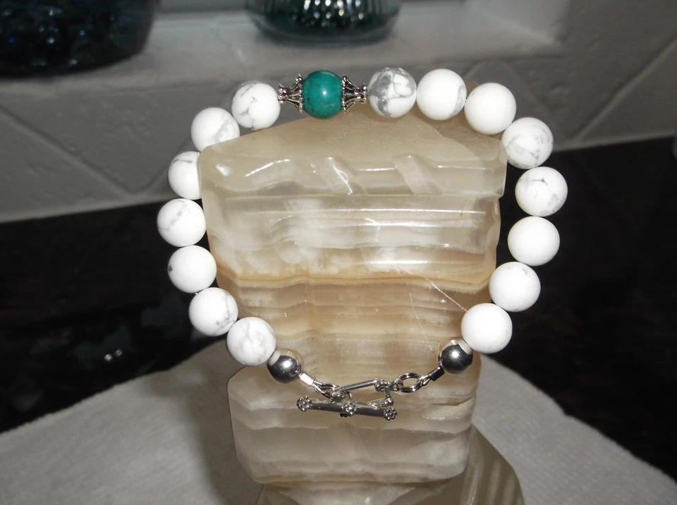 PULSERA HOMBRE HECHA A MANO 9" 10 MM BLANCO MATE TURQUESA VERDE/AZUL LAPISLÁZULI CUENTAS Foto 1 de 1