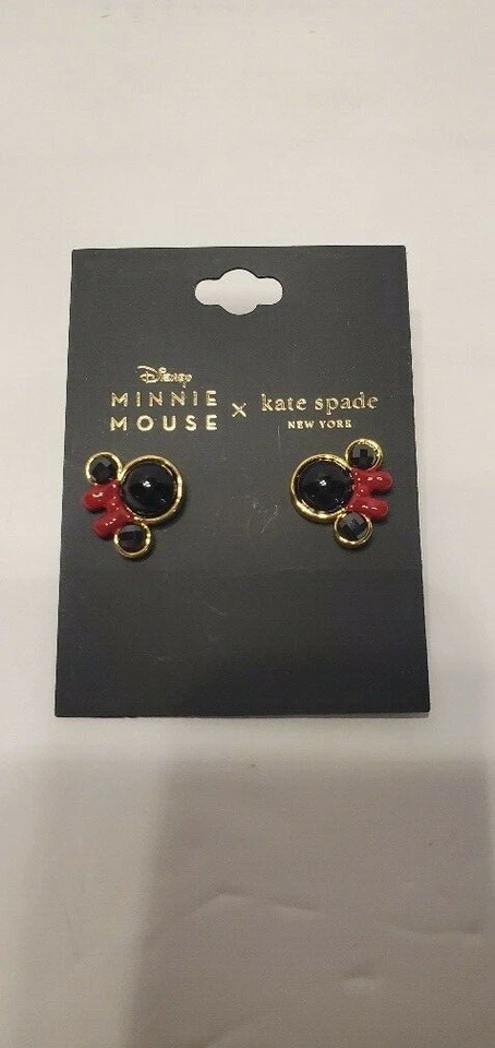 Kate Spade X Disney Minnie Mouse Bow Stud Earrings Enamel 14k Plating Dust Bag