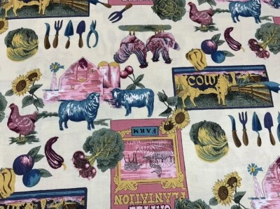 Hoffman Cotton Fabric Cattle Plantation Farm Cows Rooster  Sheep Hen 3.8 YRDS - Image 1 of 4