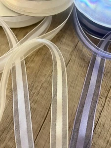 5/8” Satin & Organza Sheer Ribbon Middle Stripe Assorted Colors Spool 25 yds - Picture 1 of 6