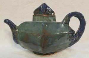 Studio Art Pottery Hand Made Pedestal Teapot Blue Brown Signed Antoinette Rustic - Picture 1 of 7