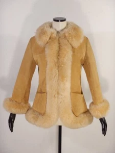 Vintage 1970s Tan Suede Hippie Boho Penny Lane Faux Fur Trim Coat Size 6 - Picture 1 of 11
