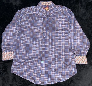 Robert’s Graham Men’s Blue Purple Square Button Up Shirt Size Large Colored Cuff - Picture 1 of 9